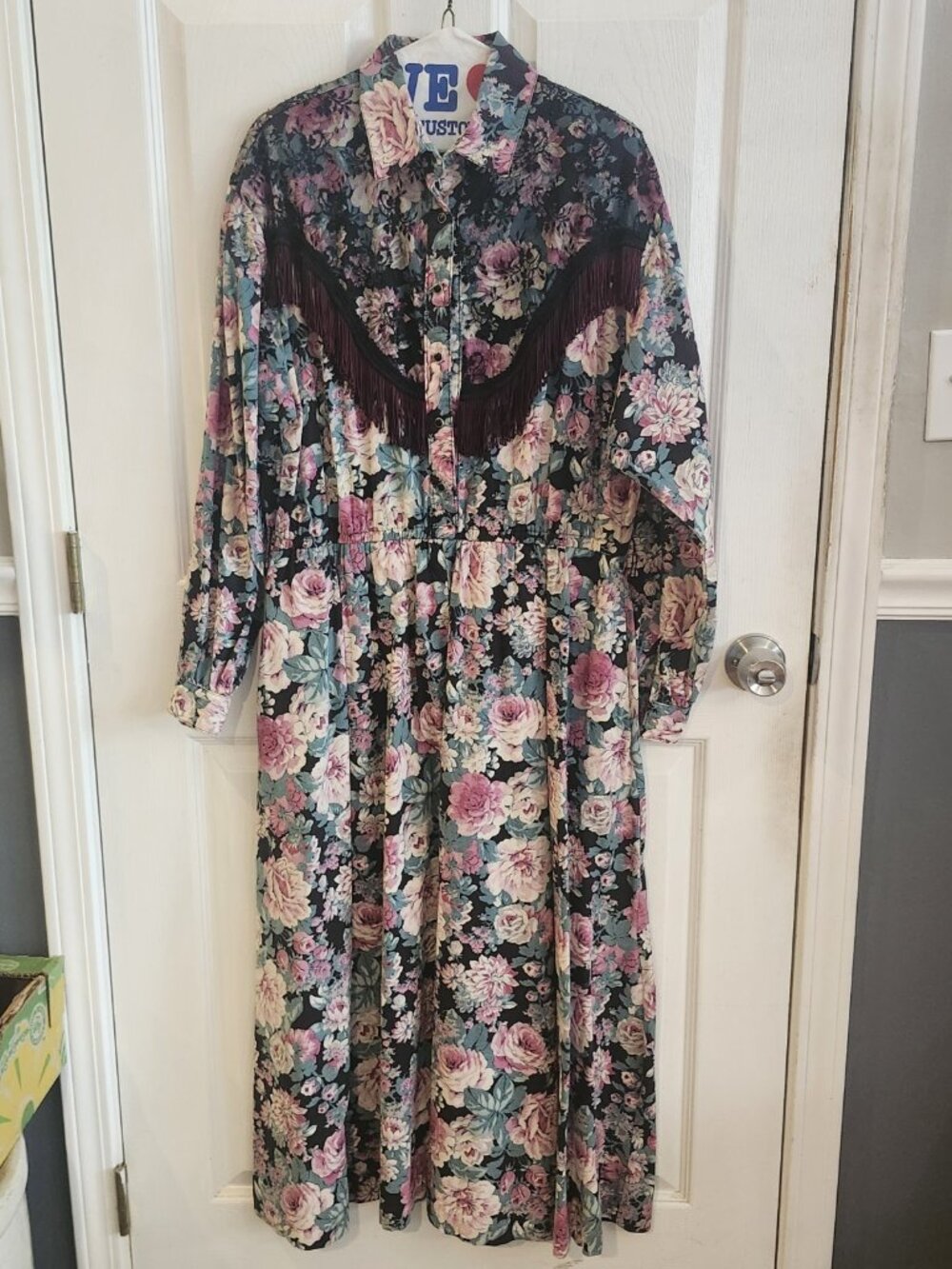 Vintage 1990s~Panhandle Slim~Western Dress~Floral w/ Lace & Fringe~Maxi~Prairie